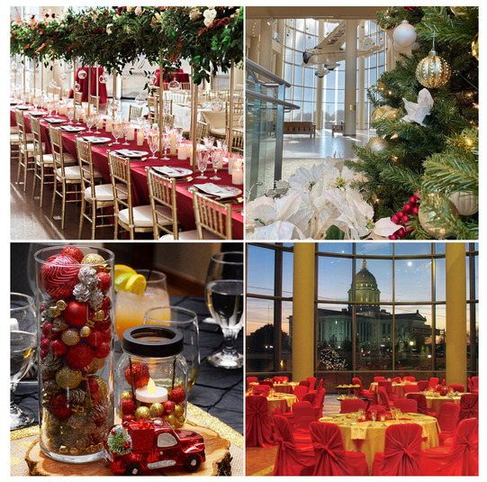 The Oklahoma History Center with tables set for the holidays, and Christmas decorations in settings around the main hall.