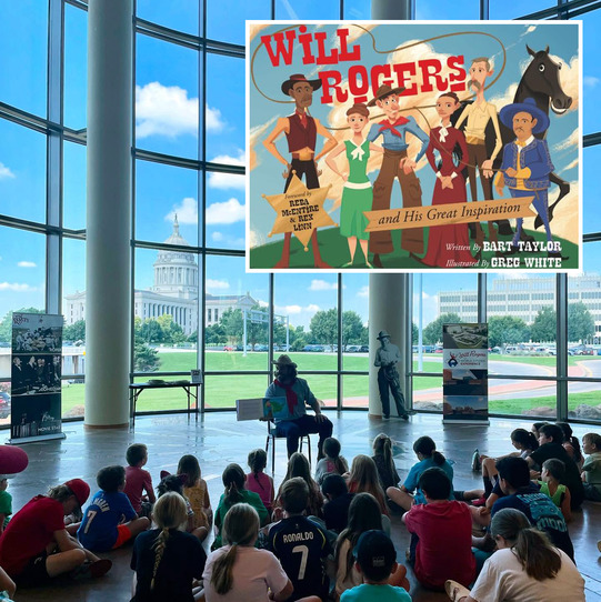 A man dressed as a cowboy, reads a book to a group of schoolchildren at the Oklahoma History Center, a cover of the book is inset
