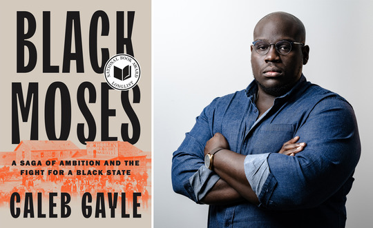 Black Moses book cover and a portrait of the author Caleb Gayle, wearing a denim shirt with his arms crossed.