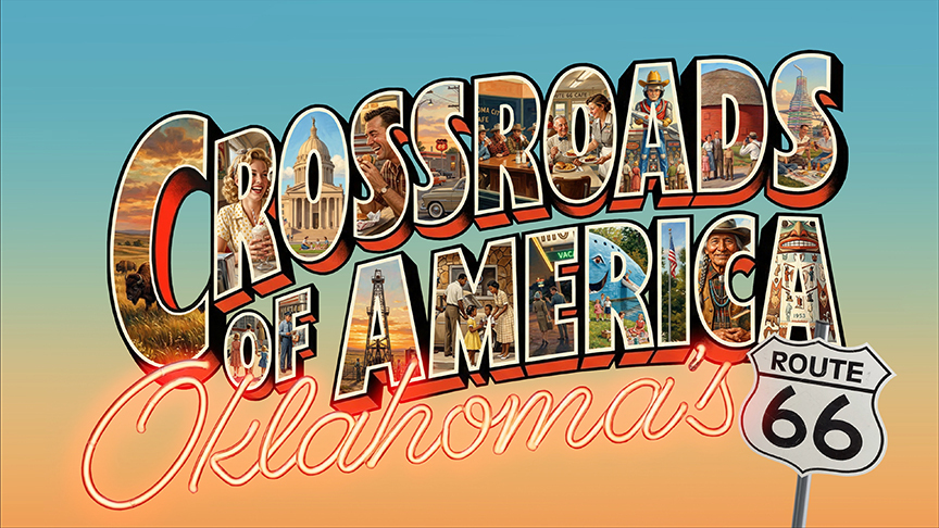 A vintage postcard image with people and sites of Route 66 filling in the open spaces in the capital letters of the words 'Crossroads of America.'