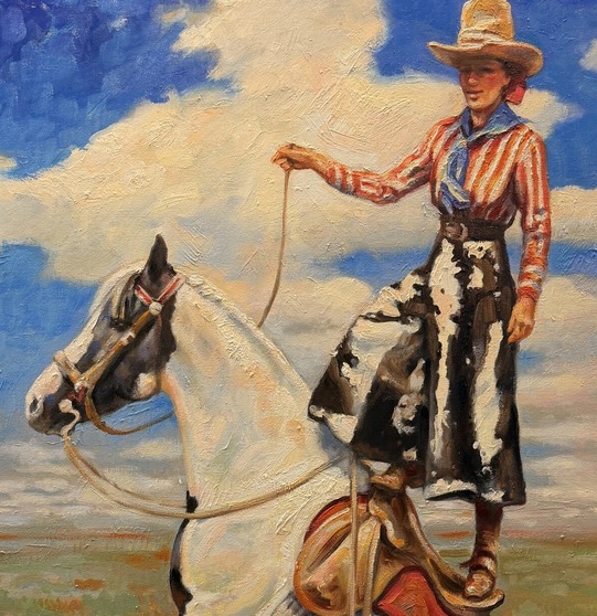 A painting with course brush strokes depicting a female trick rider wearing a red striped shirt, standing in the saddle of a seated horse.