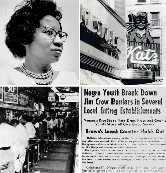 Clara Luper, Katz Drugstore neon sign with a cat wearing a bowtie and jacket, sit in protestors, and detail of a newspaper article.