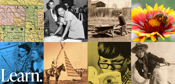 A collage of images including children reading, children at the chalkboard, Territorial map, Ada Sipuel Fisher, historic images