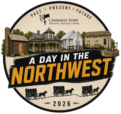 An emblem with the words "A Day in the Northwest" and a panoramic illustration of the Humphrey Heritage Village and covered wagons.