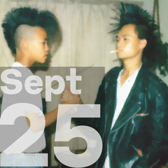 Two teenagers clasp hands, one is wearing a leather jacket and both have high hair mohawks, Sept 25 appear as a large lettering over the image.
