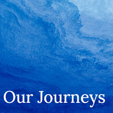 Scenes from the "Our Journeys" exhibit showing an exhibit area mapping the journeys of the Vietnamese diaspora, family images