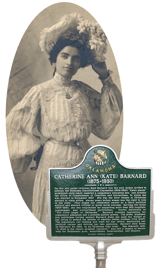 Kate Barnard historical photo and a picture of her historical marker beside.
