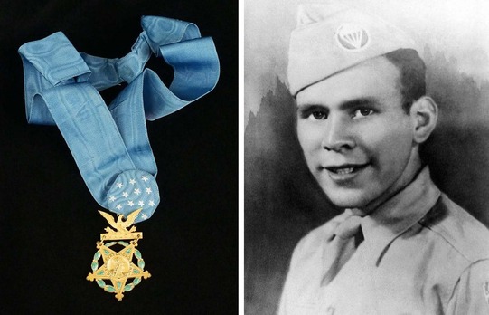 The Medal of Honor and a photo of PFC Manuel Perez Jr. in a paratroopers US Army uniform from World War II.