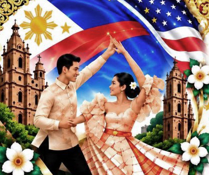 A couple dancing in front of an American and Filipino flag