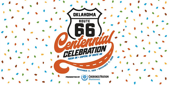 Confetti and the Route 66 shield with the swooping words "Centennial Celebration"