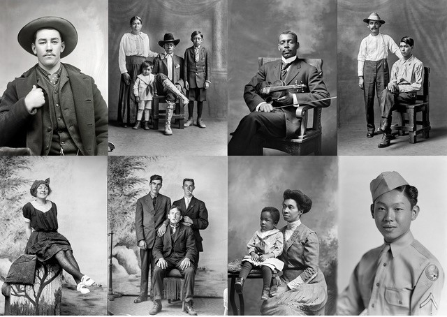8 images of families, Men, Women, and a soldier pose for portraits in a photo booth setting with backdrops, c. 1913 to 1950.