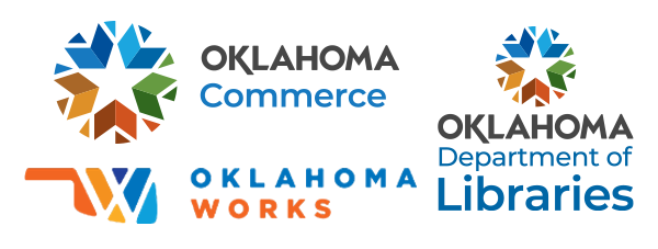 Logos for Oklahoma Department of Commerce, Workforce Oklahoma, and the Oklahoma Department of Libraries