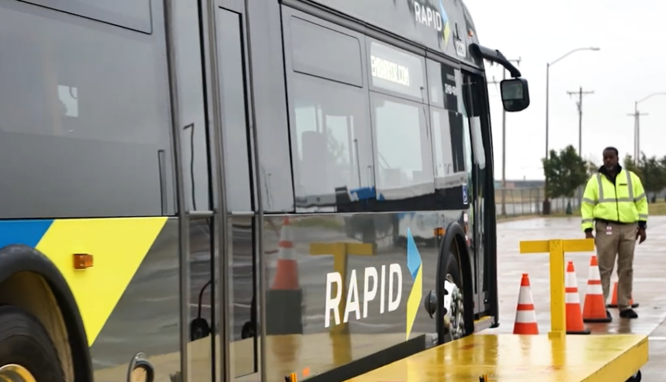 RAPID bus pulling up to a testing platform