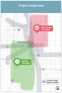 map of OKC with green and red shading of east and south OKC to show area for MAPS 4 BRT study zones