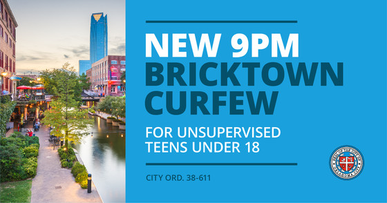 blue background with text New 8PM Bricktown Curfew for unsupervised teens with photo of Bricktown canal at night