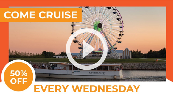 Come Cruise 50% off Every Wednesday Oklahoma River Cruises orange graphic.