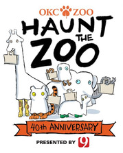 orange and black text OKC Zoo Haunt the Zoo 40th Anniversary with animals wearing sheets like ghosts