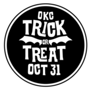 black circle with bat and text OKC Trick or Treat Oct. 31
