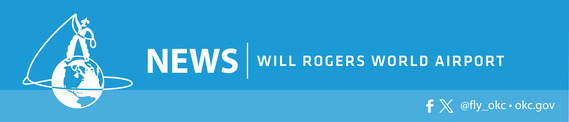 blue banner with Will Rogers Airport logo with white text News Will Rogers World Airport