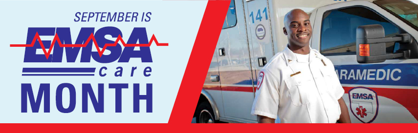 paramedic next to ambulance with text September is EMSAcare month