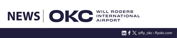 okc will rogers international airport logo with social media icons and website