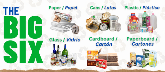 Photo graphic of the BIG SIX items accepted in the Oklahoma City recycling program.
