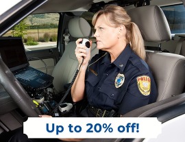 Police car dispatch system with Up to 20% off banner