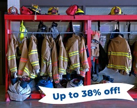 Firefighter's equipment with Up to 38% off banner