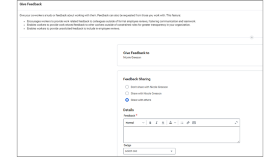 Screenshot of kudos function in Workday@OK