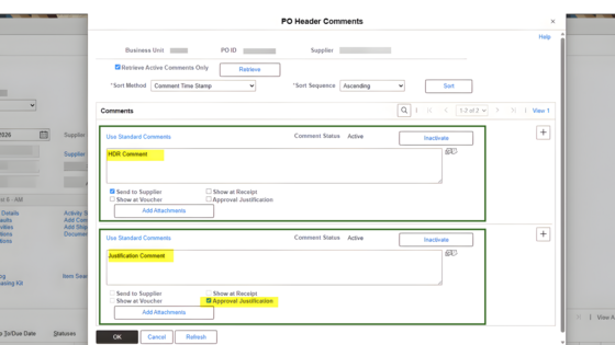 PO Header Comments page