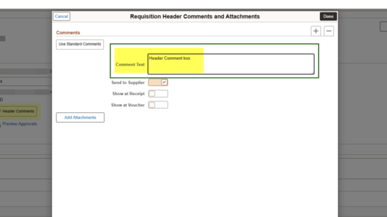Requisition Header Comments and Attachments page
