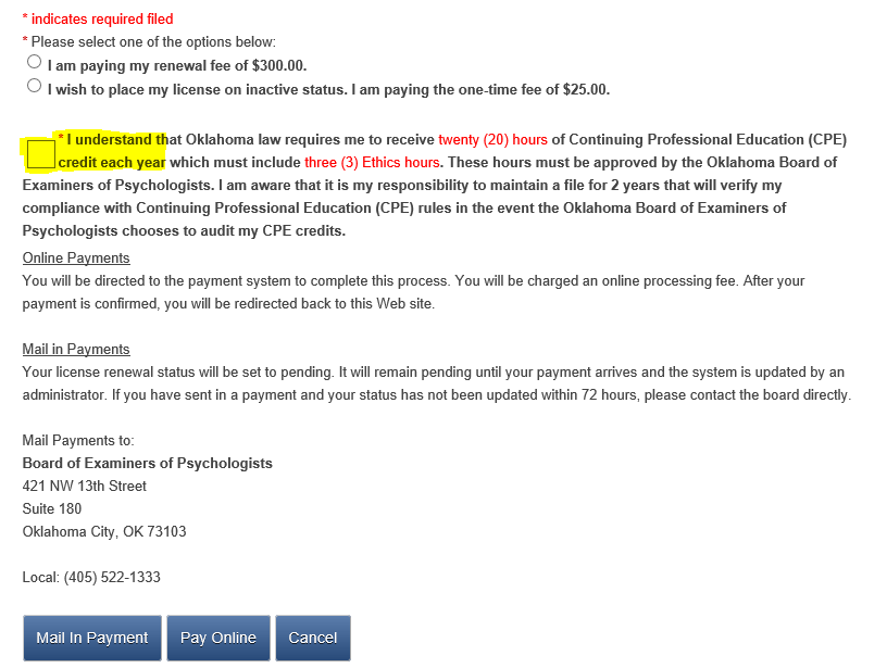 2020 Oklahoma Psychologist License Renewal