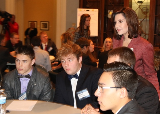 State Superintendent of Public Instruction Joy Hofmeister listens to ideas from her Student Advisory Council at the State Capitol in January.