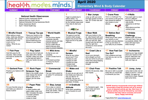 April 2020 Physical Activity Calendar - Elementary - English