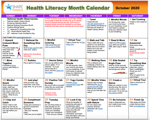 SHAPE America Health Literacy Calendar