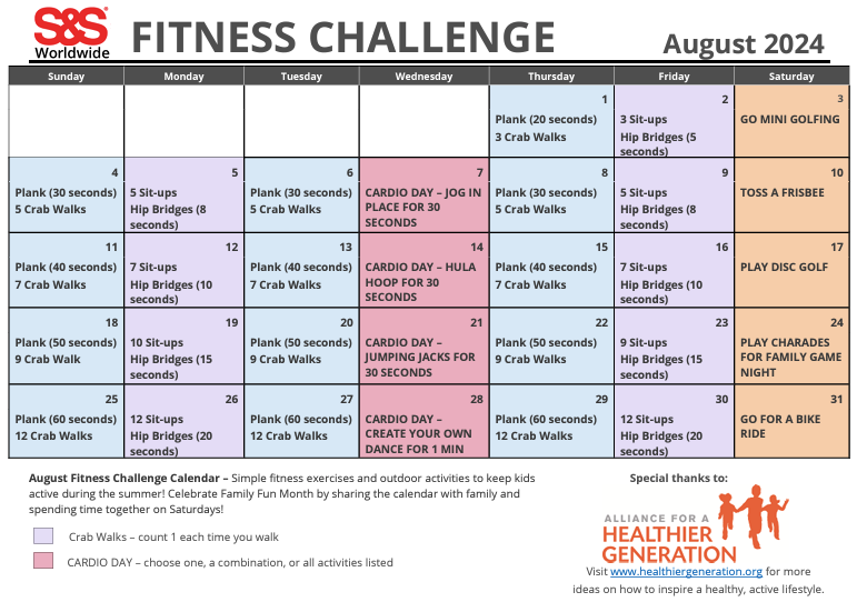 August Fitness Challenge Calendar