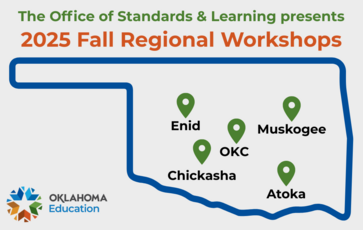OK SDE Fall 2025 Regional Workshops: A map of Oklahoma with markers for workshops in Enid, Muskogee, Chickasha, OKC, and Atoka.