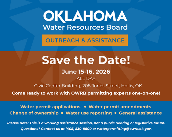 Save the Date! OWRB staff will be in Hollis June 15-16.