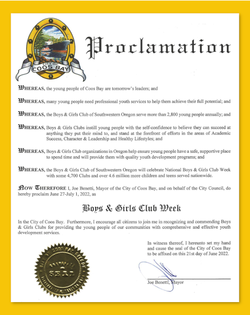 Proclamation for Boys and Girls Club