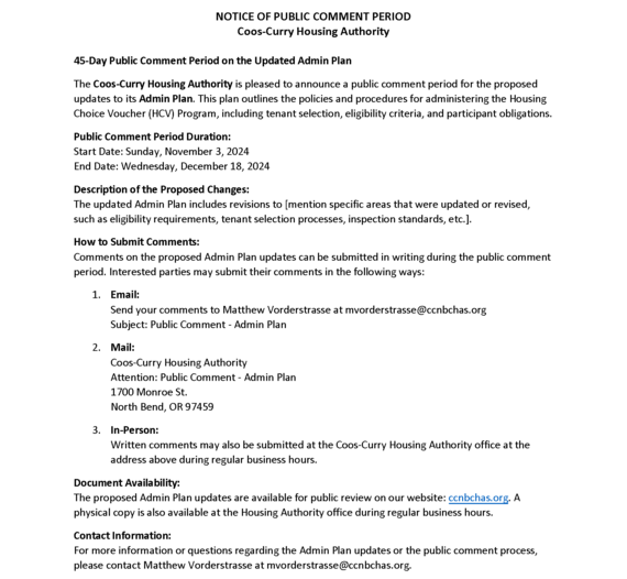 Housing Authority Public Comment Coos-Curry Administration