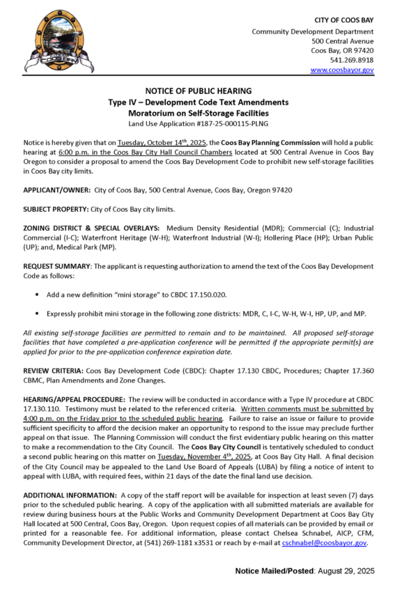 Notice of Public Hearing Storage Facilities Notice of Public Hearing Storage Facilities