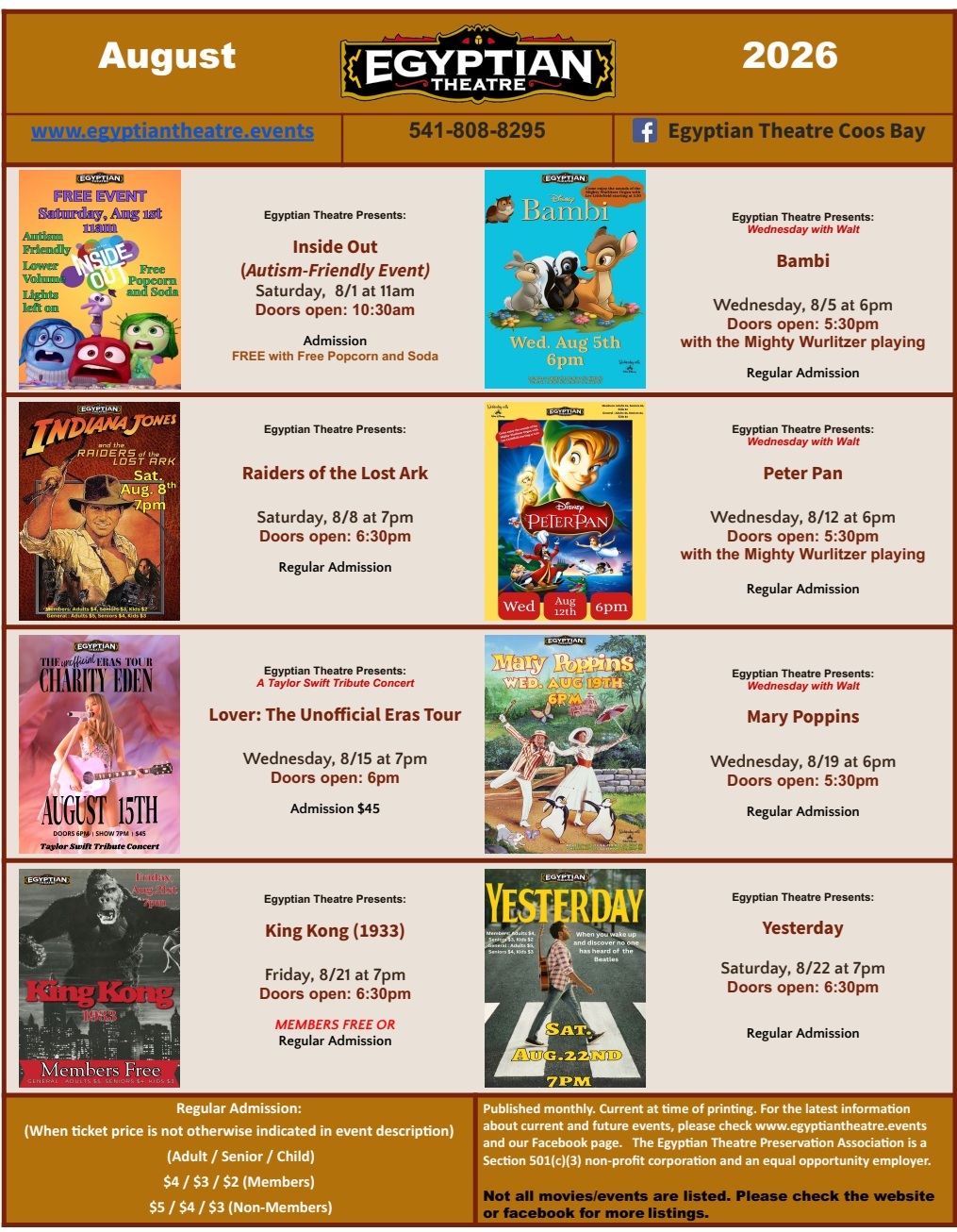 August Egyptian Theater Calendar
