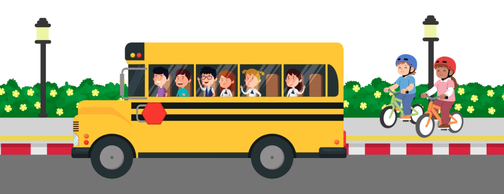 Graphic of school bus and children riding bikes