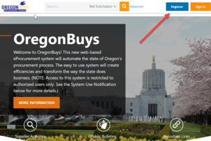OregonBuys home page with an arrow pointing at the register button