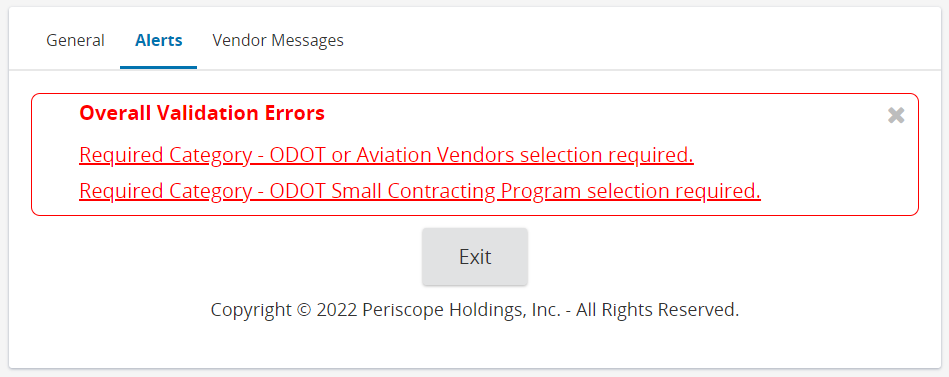 OregonBuys error message screenshot for suppliers in the seller admin role