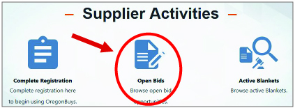 Screenshot of OregonBuys Supplier Activity section and the Bid Solicitations button