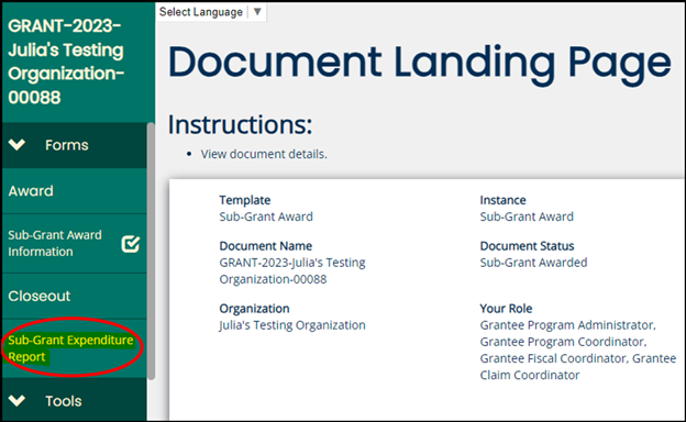 Sub-Grant Expenditure Report