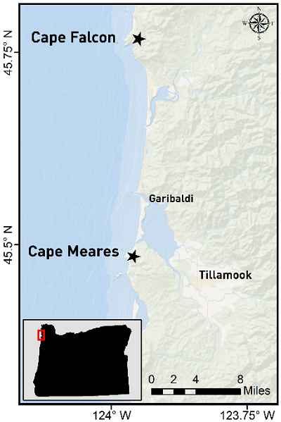 Map showing Cape Falcon Marine Reserve and Cape Meares