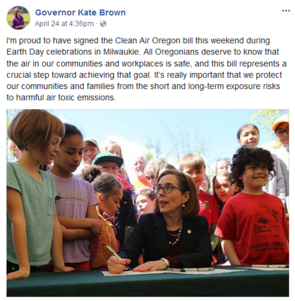 Kate Brown FB post Cleaner Air Oregon