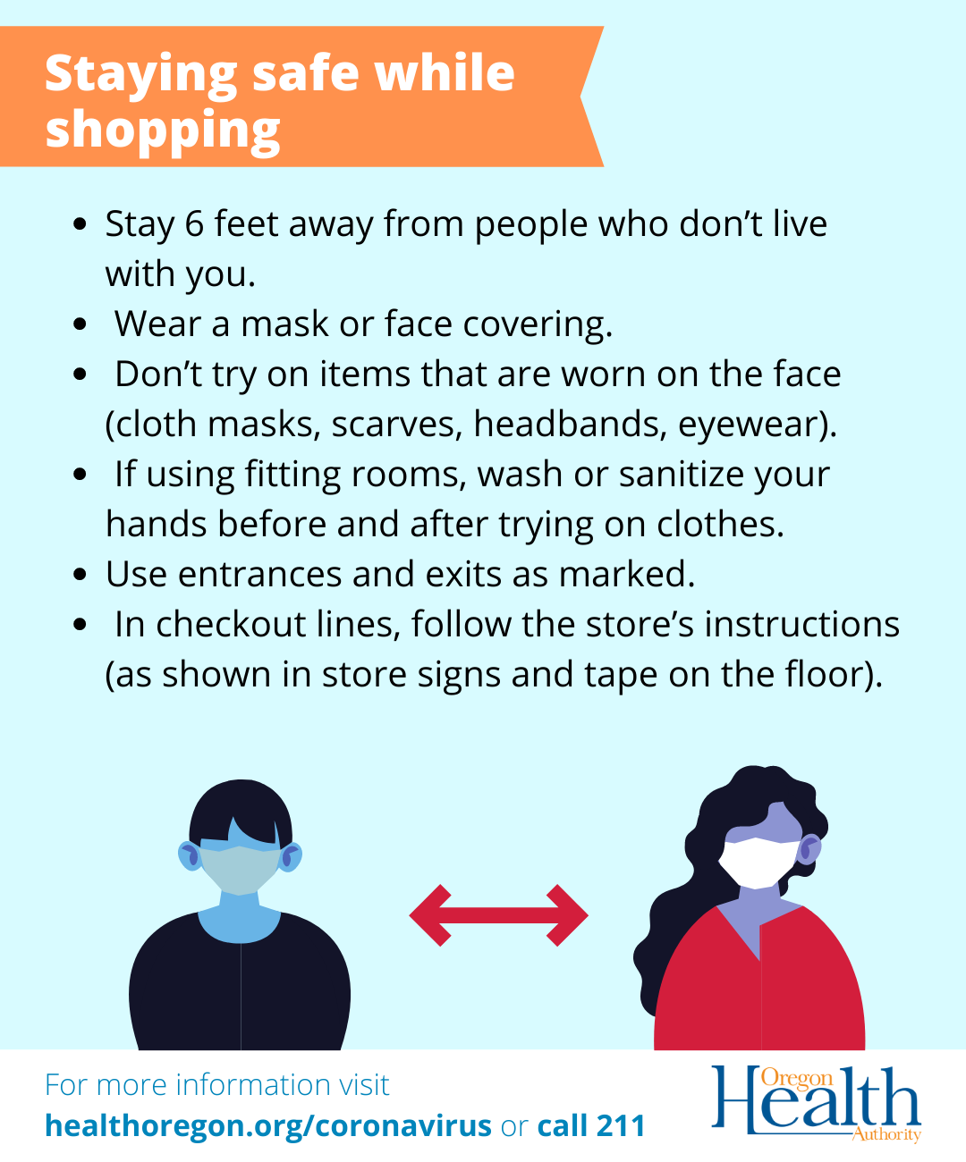 Keeping safe while shopping •	Keep 6 feet away from people who don’t live with you in all areas where customers or staff may gather 